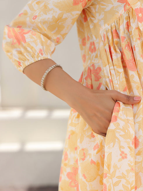 Off White Pure Cotton Floral Printed A-line Maternity Kurta